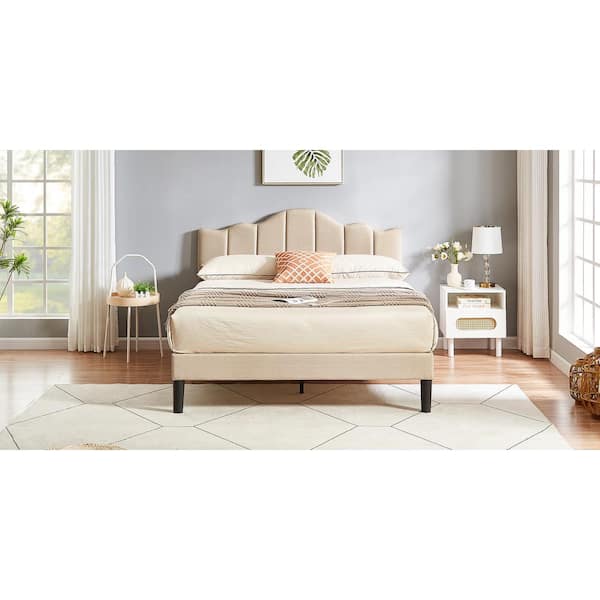 VECELO Platform Bed Frame, Beige Metal Frame Queen Size