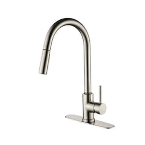 Single Handle Deck Mount Gooseneck Pull Down Sprayer Standard Kitchen Faucet with Deckplate Included in Brushed Nickel