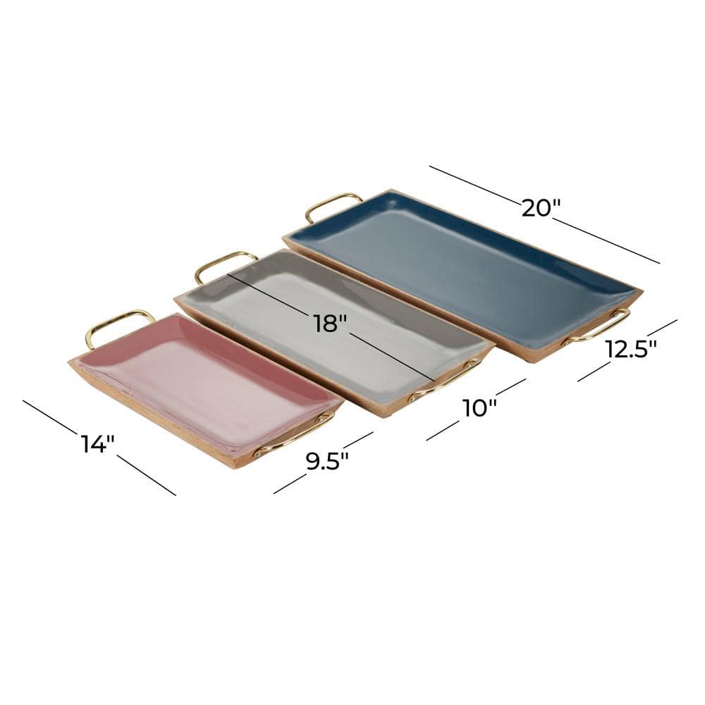 Multi Colored Enamel and Mango Wood Rectangular Tray Set