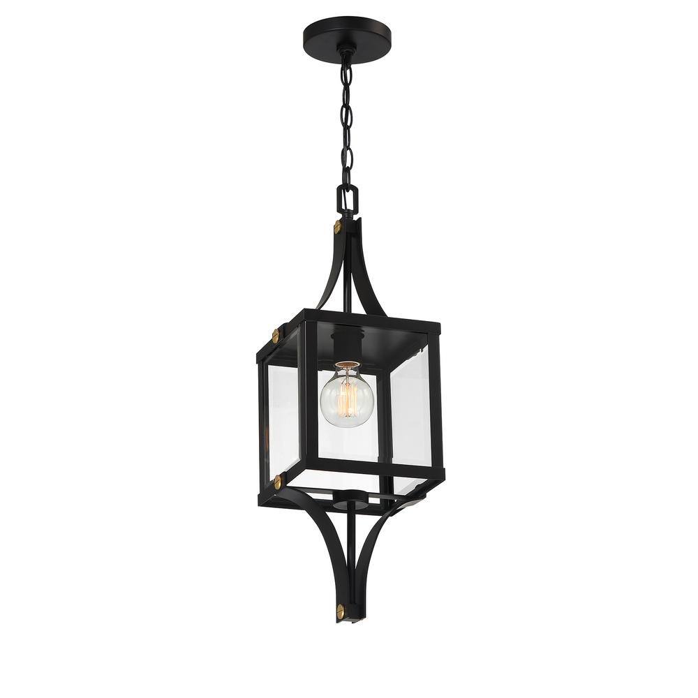 Raeburn Matte Black and Brass Outdoor Hanging Lantern with Clear Glass