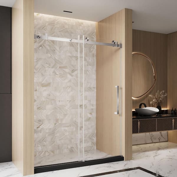 56 in.-60 in. W x 76 in. H Single Sliding Frameless Shower Door in Brushed Nickel w/ 1/4 in. (6 mm) Clear Tempered Glass