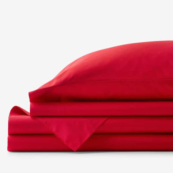 The Company Store Company Essentials 4-Piece Apple Red Solid 200-Thread Count Organic Cotton Percale Full Sheet Set