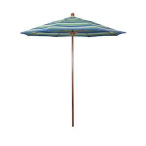 7.5 ft. Woodgrain Aluminum Commercial Market Patio Umbrella Fiberglass Ribs and Push Lift in Seville Seaside Sunbrella