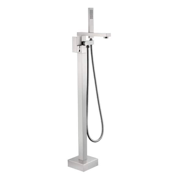 Zalerock 1-Handle Freestanding Floor Mount Tub Faucet Bathtub Filler with Hand Shower in Brush Nickel