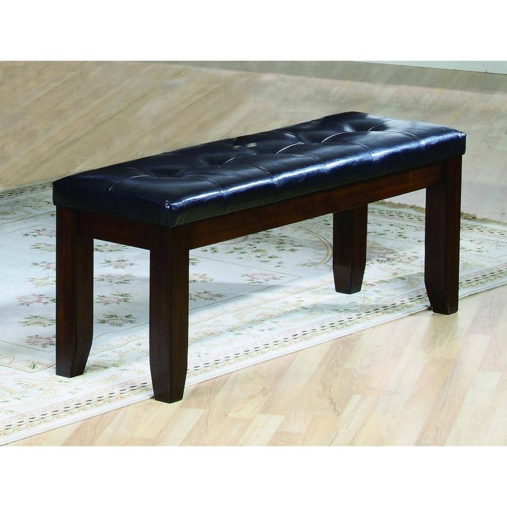 Black Faux Leather Tufted Bench with Dark Cherry Wood