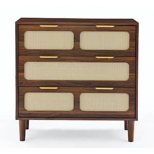31.5 in. W x 13.75 in. D x 31.25 in. H Walnut Brown Rattan Linen Cabinet with 3 Wide Drawers and Metal Handles