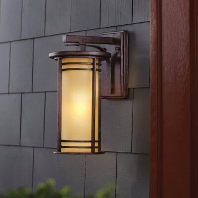 15 in. 1-Light Bronze Outdoor Wall Lantern Sconce with Amber Glass