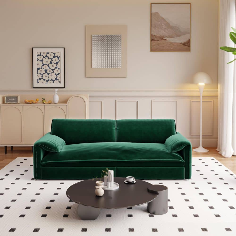 66 in. Square Arm Velvet Rectangle Sofa in Green with Side Storage