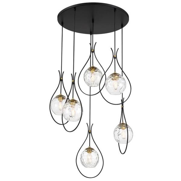 Minka Lavery Cody 6-Light Black and Soft Brass Pan Pendant Light with Clear Water Glass Shades