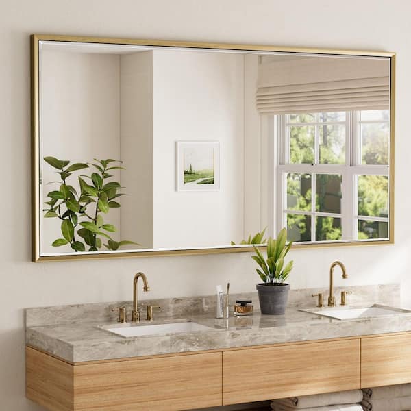 72 in. W x 36 in. H Aluminum Beveled Edge Rectangular Framed Bathroom Vanity Wall Mount Mirror in Gold