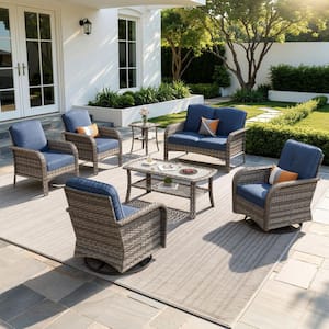 Meis Gray 7-Piece Wicker Patio Conversation Set with Denim Blue Cushions and Swivel Chairs
