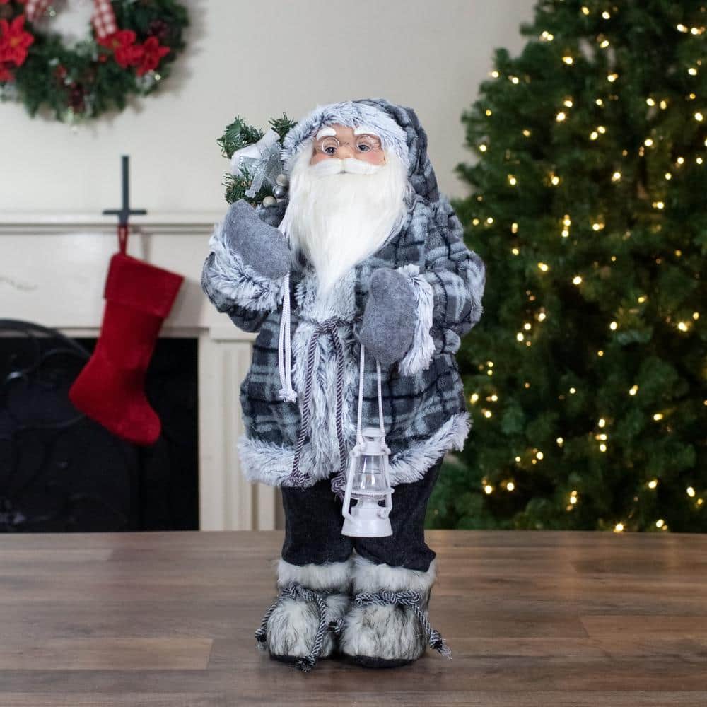 24" Gray Plaid Santa Figurine with Lantern and Faux Fur