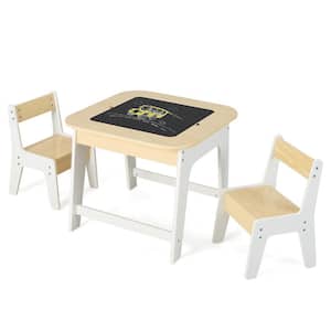 3-Piece 3-in-1 Wooden Top Kids Table and 2-Chairs Set W/Storage Detachable Blackboard Drawing