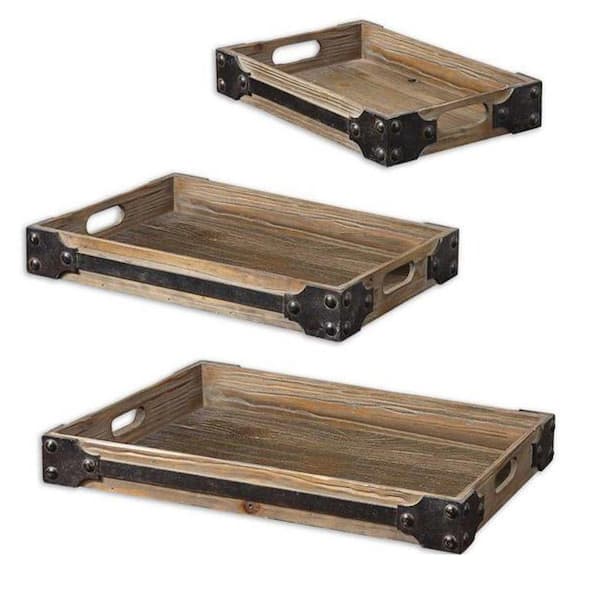 Home Decorators Collection Assorted Sizes Woodtone Fadia Trays (Set of 3)