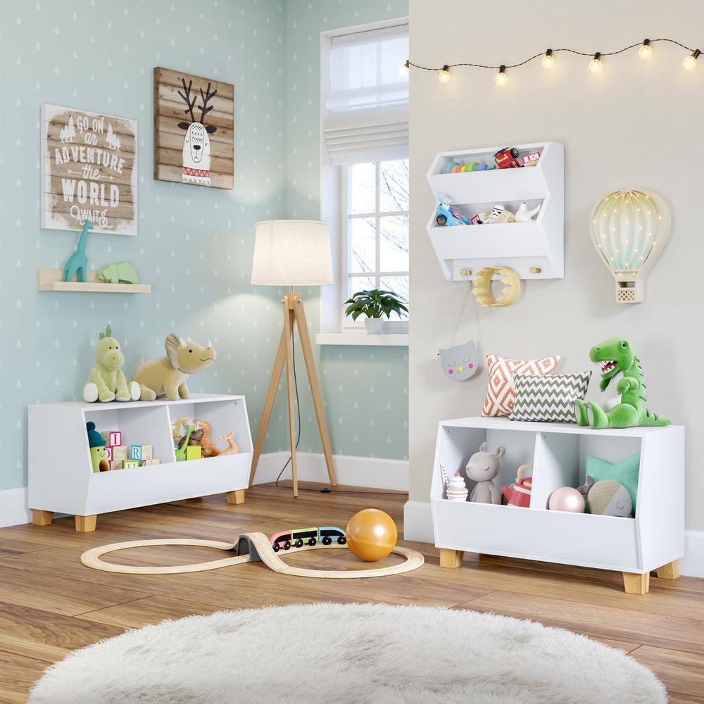 White MDF Floating Wall Shelf with Wooden Hooks