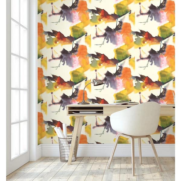 30.75 sq. ft. Persimmon and Plum Watercolor Block Vinyl Peel and Stick Wallpaper Roll