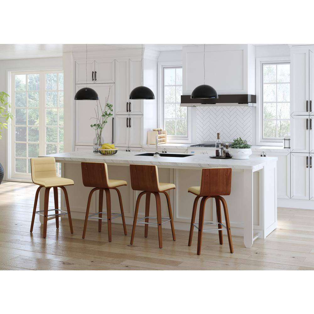 26" Cream Faux Leather and Walnut Wood Swivel Bar Stool