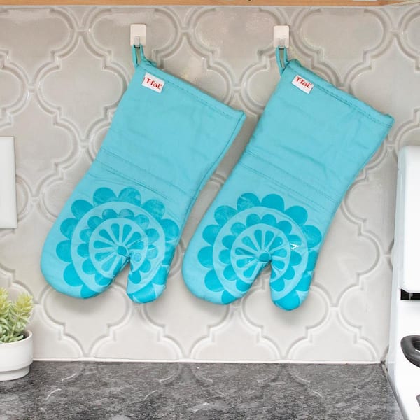 New All-Clad Luxury Silicone Cotton Set of 2 Oven Mitts Teal Blue  (Cornflower)