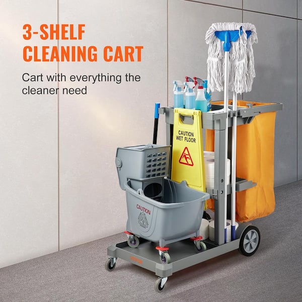 VEVOR Cleaning Cart, 3-Shelf Commercial Janitorial Cart, 200 lbs Capacity  Plastic Housekeeping Cart, with 25 Gallon PVC Bag, 47 x 20 x 38.6in