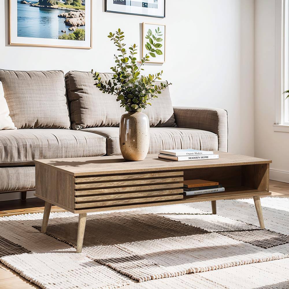 Mid-Century Modern Light Brown Wood Coffee Table with Storage