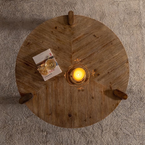 37 in. Brown Round Solid Wood Coffee Table, Minimalist Living Room Center Table with Organic Texture
