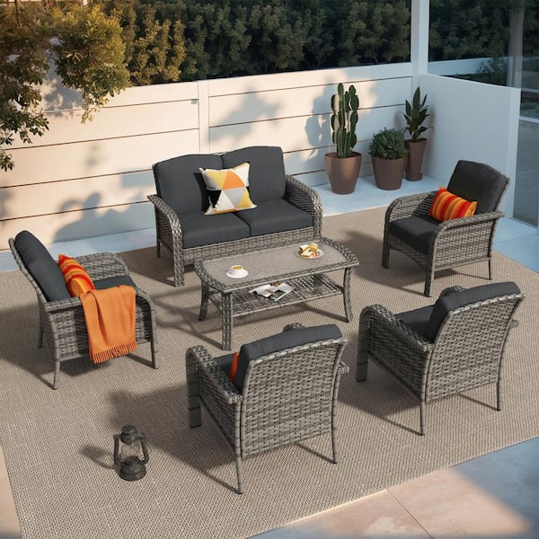 weaxty W Hyacinth Haven Gray 6-Piece Wicker Patio Outdoor Conversation Seating Set with a Coffee Table and Black Cushions