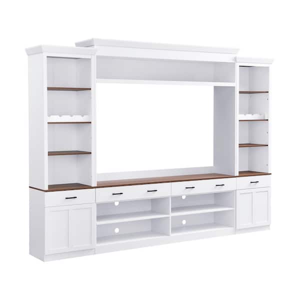 White Walnut TV Stand Fits TVs up to 70 in. with Bookshelf, 4 Drawers, 2 cabinets, Shelves and Wine Rack