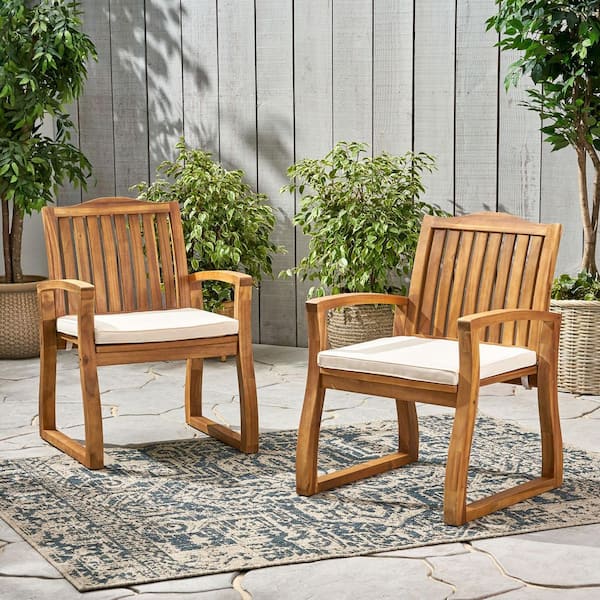 wayofatry 2-Pieces Outdoor Wood Dining Chairs with Cream Cushions for Garden in Brown