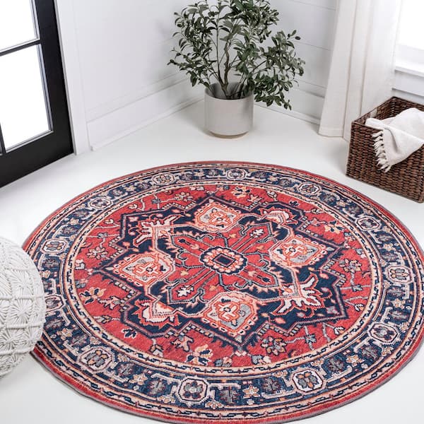 Cirali Ornate Large Medallion Machine-Washable Red/Navy 8 ft. Round Area Rug