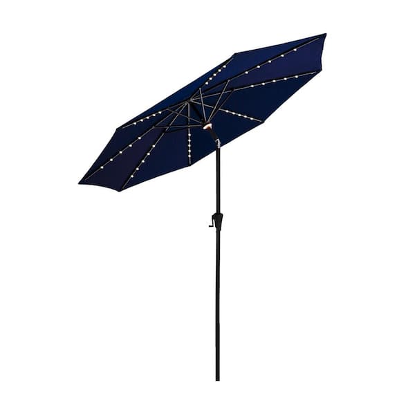 FLAME&SHADE 10 ft. Aluminum Market Solar Lighted Tilt Patio Umbrella with LED in Navy Blue Solution Dyed Polyester