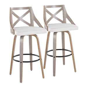 Charlotte 29.5 in. Cream Fabric, Light Grey Wood, Black Metal Fixed-Height Bar Stool with Round Footrest (Set of 2)