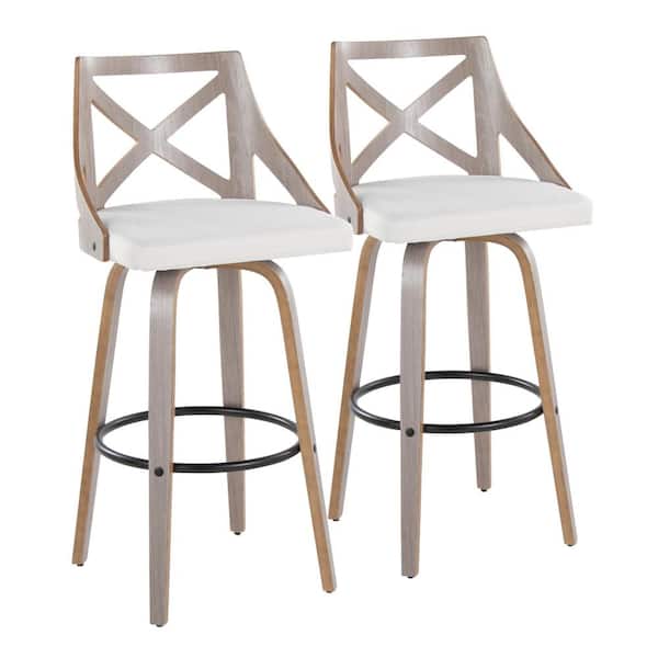 Lumisource Charlotte 29.5 in. Cream Fabric, Light Grey Wood, Black Metal Fixed-Height Bar Stool with Round Footrest (Set of 2)