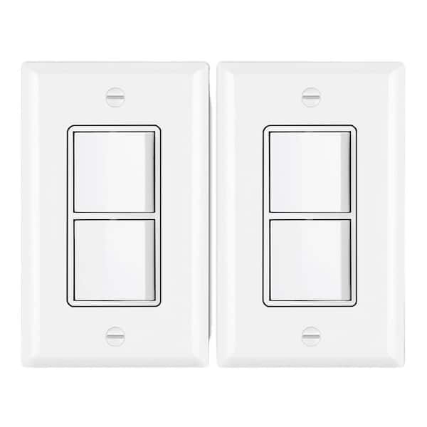 Etokfoks 15 Amp, Double On/Off Rocker Light Switch Single Pole Combination Interrupter with Wall plate in White (2-Pack)