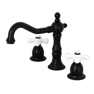 Victorian Porcelain Cross 8 in. Widespread 2-Handle Bathroom Faucet in Matte Black