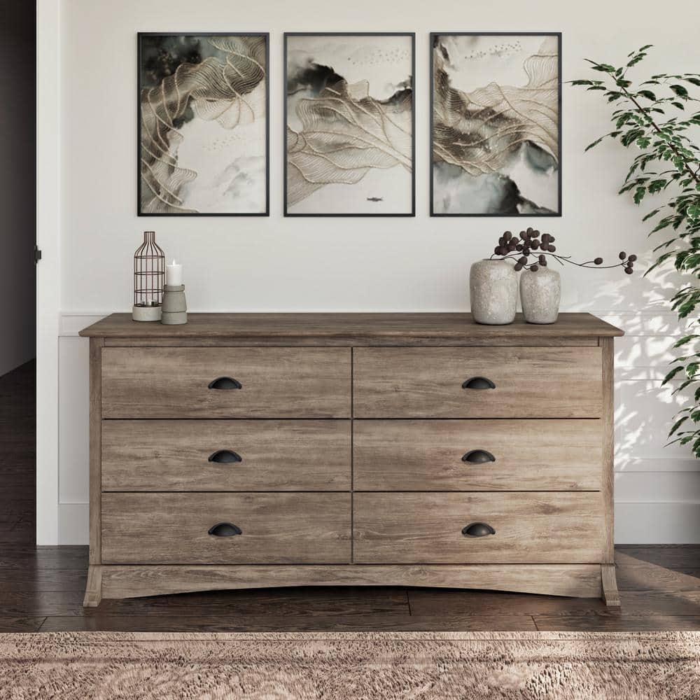 Drifted Gray Coastal Double Dresser with Six Drawers