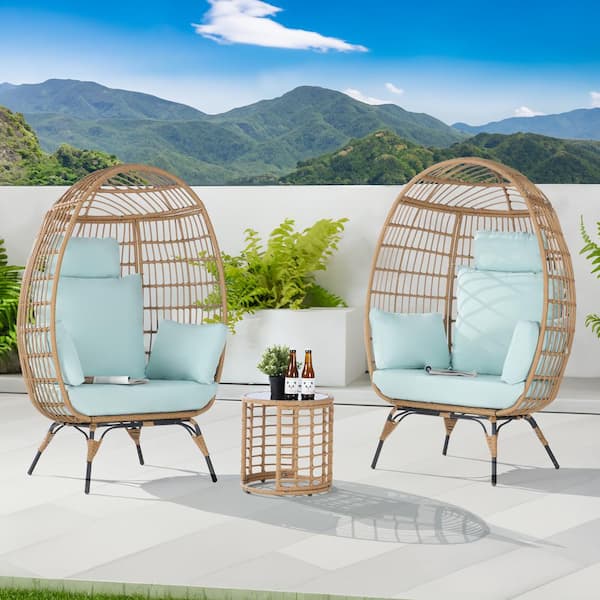 SANSTAR 3-Piece Patio Wicker Egg Chair Outdoor Bistro Set with Side Table, with Tiffany Blue Cushion