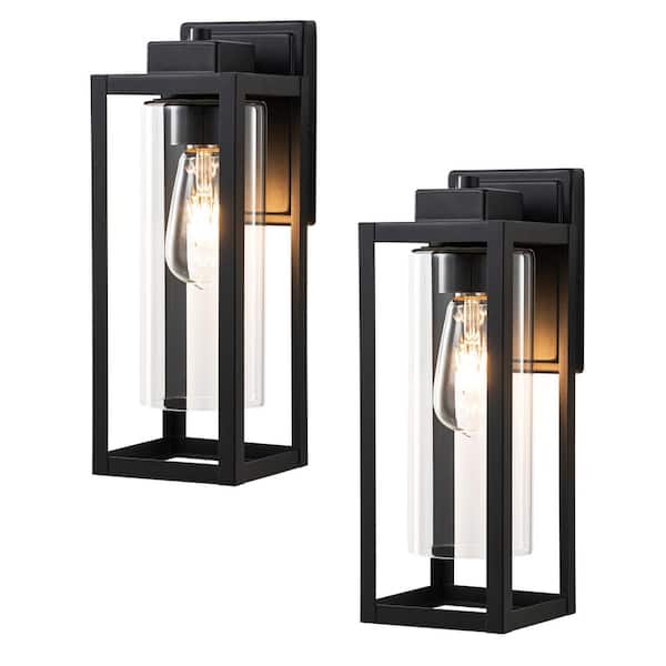 C Cattleya 14 in. 1-Light Matte Black Outdoor Hardwired Wall Lantern Sconces with No Bulbs Included(2-Pack)