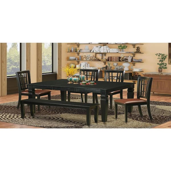East West Furniture 6-Piece Rectangle Black Finish Solid Wood Top dining Table with 1 Bench and 4 Chairs with Lattice Back