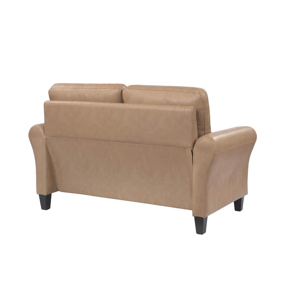 Brown Faux Leather Loveseat with Rolled Arms and Tapered Legs