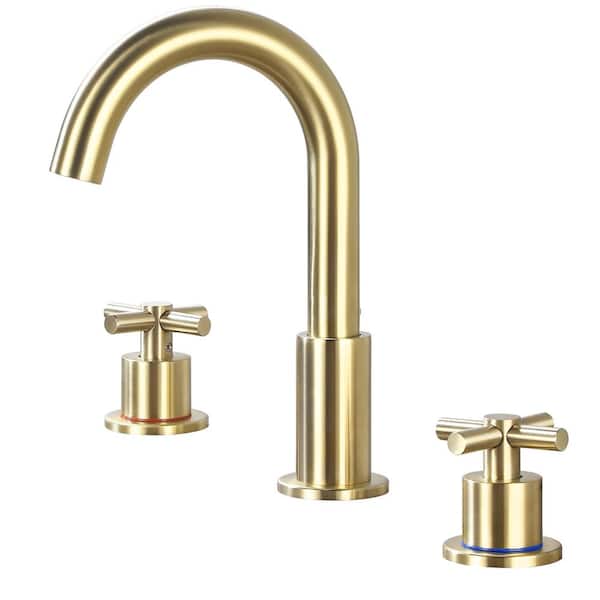AKLFGN 8 in. Widespread Double Handle Bathroom Faucet 3 Hole Sink Faucet with 360 Rotation in Brushd Gold