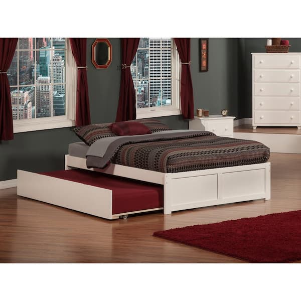 Concord White Solid Wood Frame Queen Platform Bed with Twin XL Roll Out Under Bed Trundle