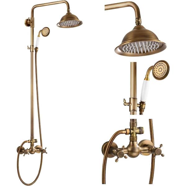 HOMEMYSTIQUE 2-Spray Wall Slid Bar Round Rain Shower Faucet with Hand Shower 2 Cross Handles Mixer Shower System Taps in Antiqued