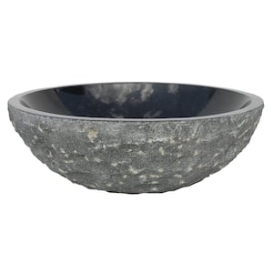 Rough Exterior, Polished Interior Round Stone Vessel Sink in Black Granite