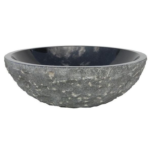Eden Bath Rough Exterior, Polished Interior Round Stone Vessel Sink in Black Granite