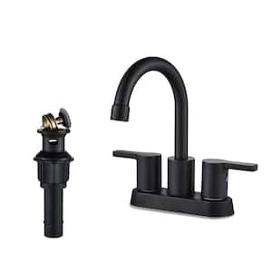 4 in. Centerset Double Handle Mid Arc Bathroom Faucet with Drain Kit Included in Matte Black