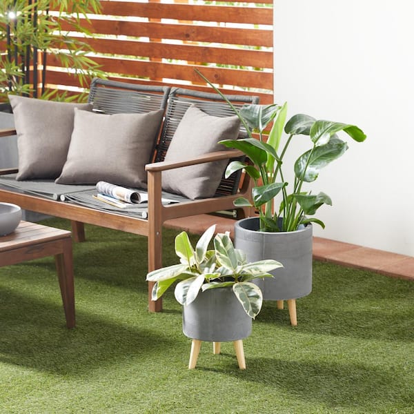Litton Lane 13 in., and 16 in. Medium Gray Ceramic Indoor Outdoor Planter with Wood Legs (2- Pack)