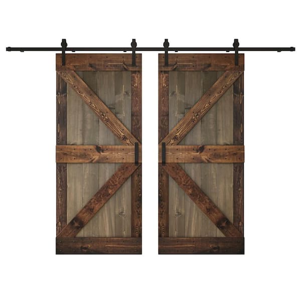 COAST SEQUOIA INC K Series 72 in. x 84 in. Smoky Gray Kona Coffee Knotty Pine Wood Double Sliding Barn Door with Hardware Kit