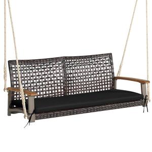 2-Person Steel Patio Rattan Hanging Swing Chair Porch Loveseat Cushioned Black