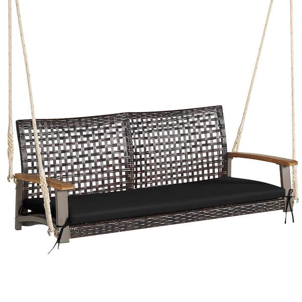 Costway 2-Person Steel Patio Rattan Hanging Swing Chair Porch Loveseat Cushioned Black