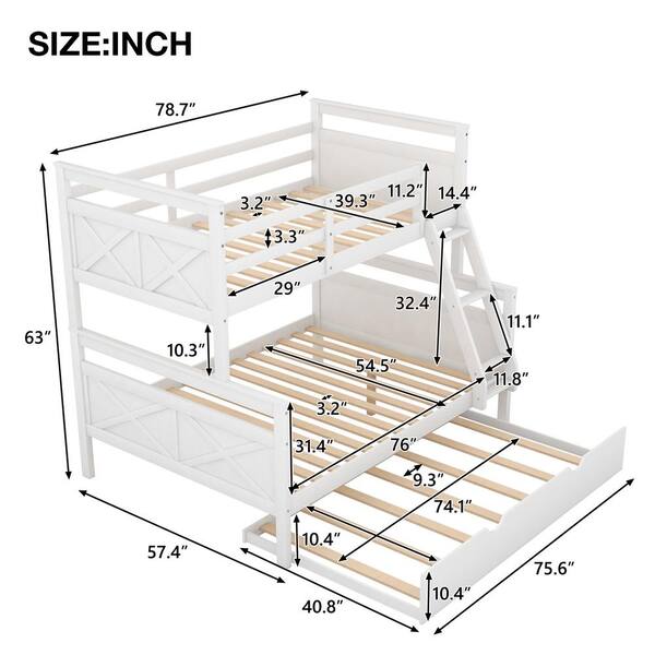 Godeer White Twin Over Full Bunk Bed With Ladder Twin Size Trundle Safety Guardrail Wqeeo5 The Home Depot